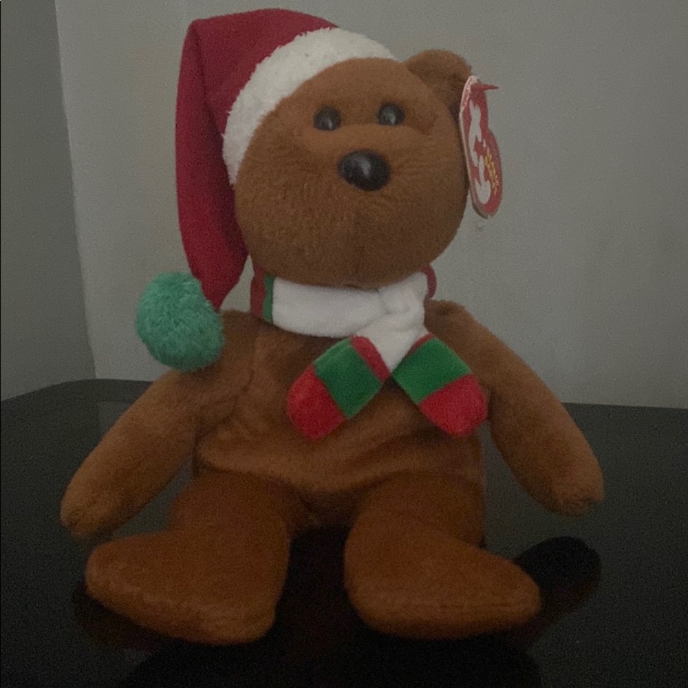 Ty Brown Bear with Red Santa Hat and Scarf